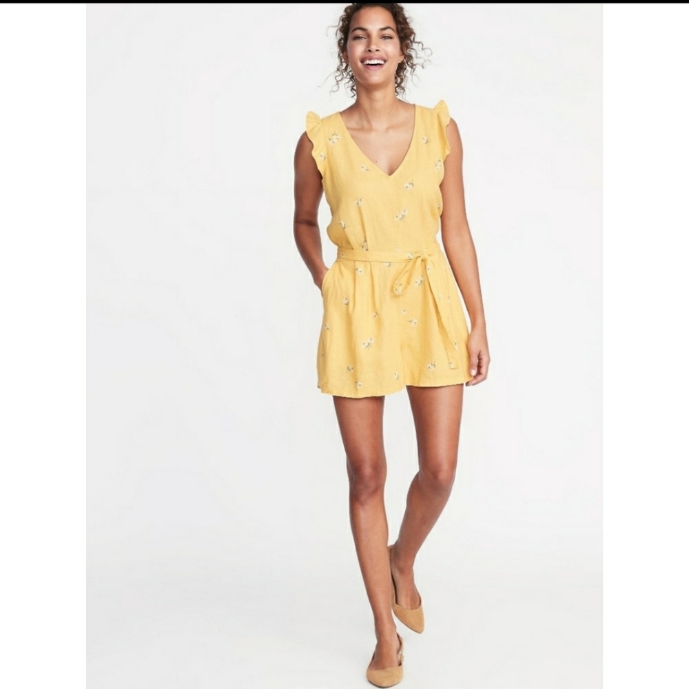 Old Navy Yellow Floral Linen Blend V-Neck Romper S